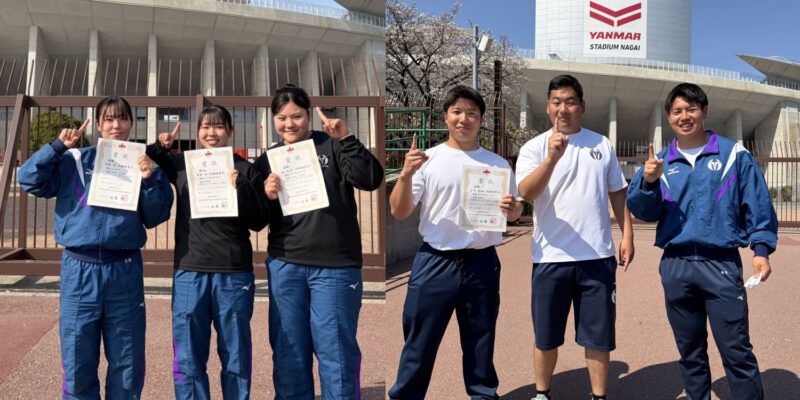 左からハンマー投げ・川島空、やり投げ・小松夏歩、砲丸投げ・坂ちはる、ハンマー投げ・方川寛翔、砲丸投げ・濱田茉裕、円盤投げ・志手奏太 【大阪体育大学】