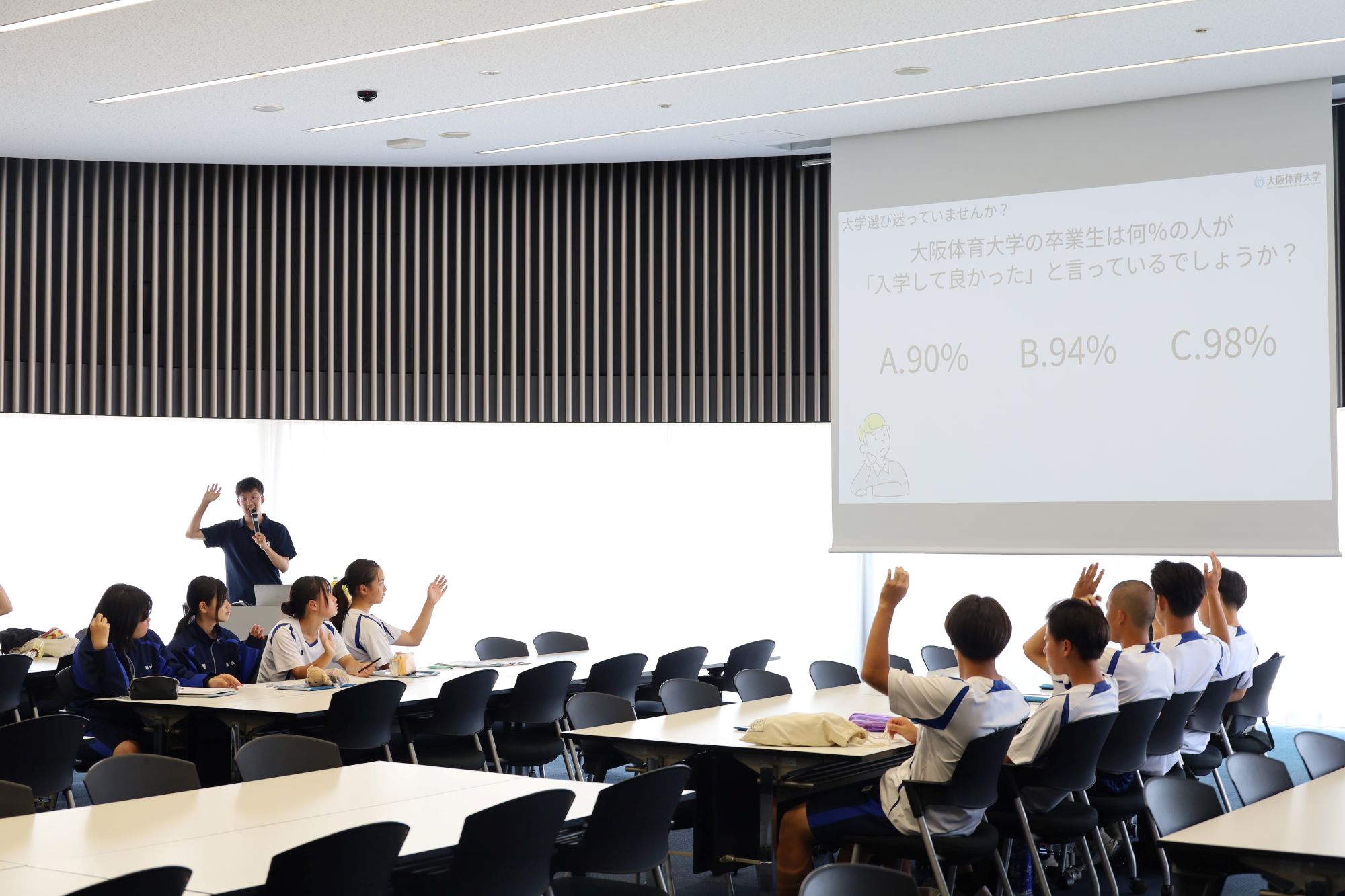 大体大クイズ「卒業生の満足度は?」に挙手で答える高校生 正解は98% 学び、クラブ活動、教員との関わり、仲間との出会いなど、大学生活全体を通じて高い満足度が示されている