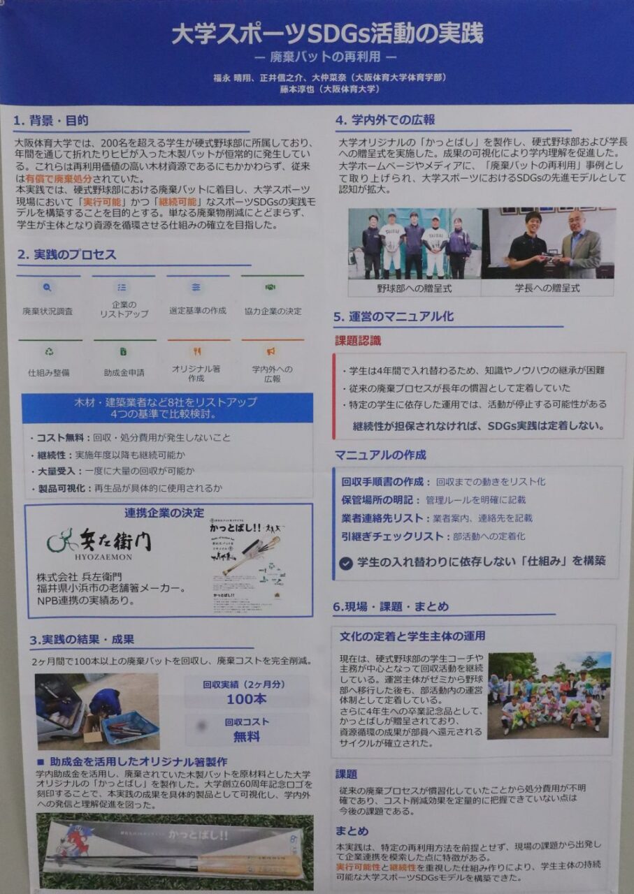 実践報告発表(ポスター)の「大学スポーツSDGs活動の実践―廃棄バットの再利用―」 【大阪体育大学】