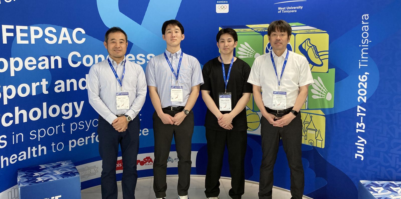 ヨーロッパスポーツ心理学会第18回大会で発表した大学院博士後期課程の渡邊浩輝さん(左から2人目)、大西壮流さん(同3人目)
【大阪体育大学】
