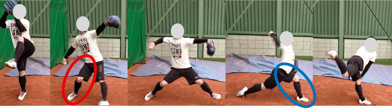 投球動作における下肢の役割．赤丸で囲まれているのが軸脚，青丸で囲まれているのが踏込脚．【大阪体育大学】